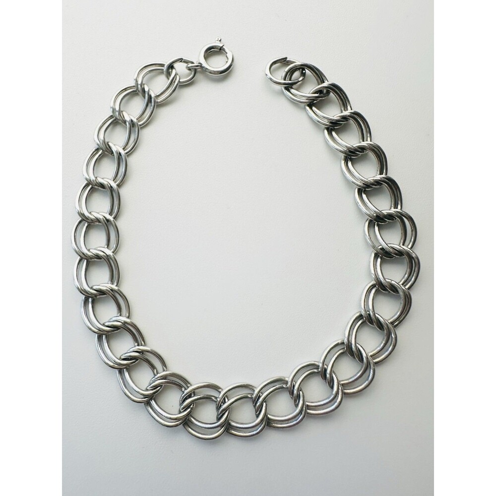 Vintage Sterling Silver 925 Double Link Flat Charm Bracelet 7.25 Inches Long